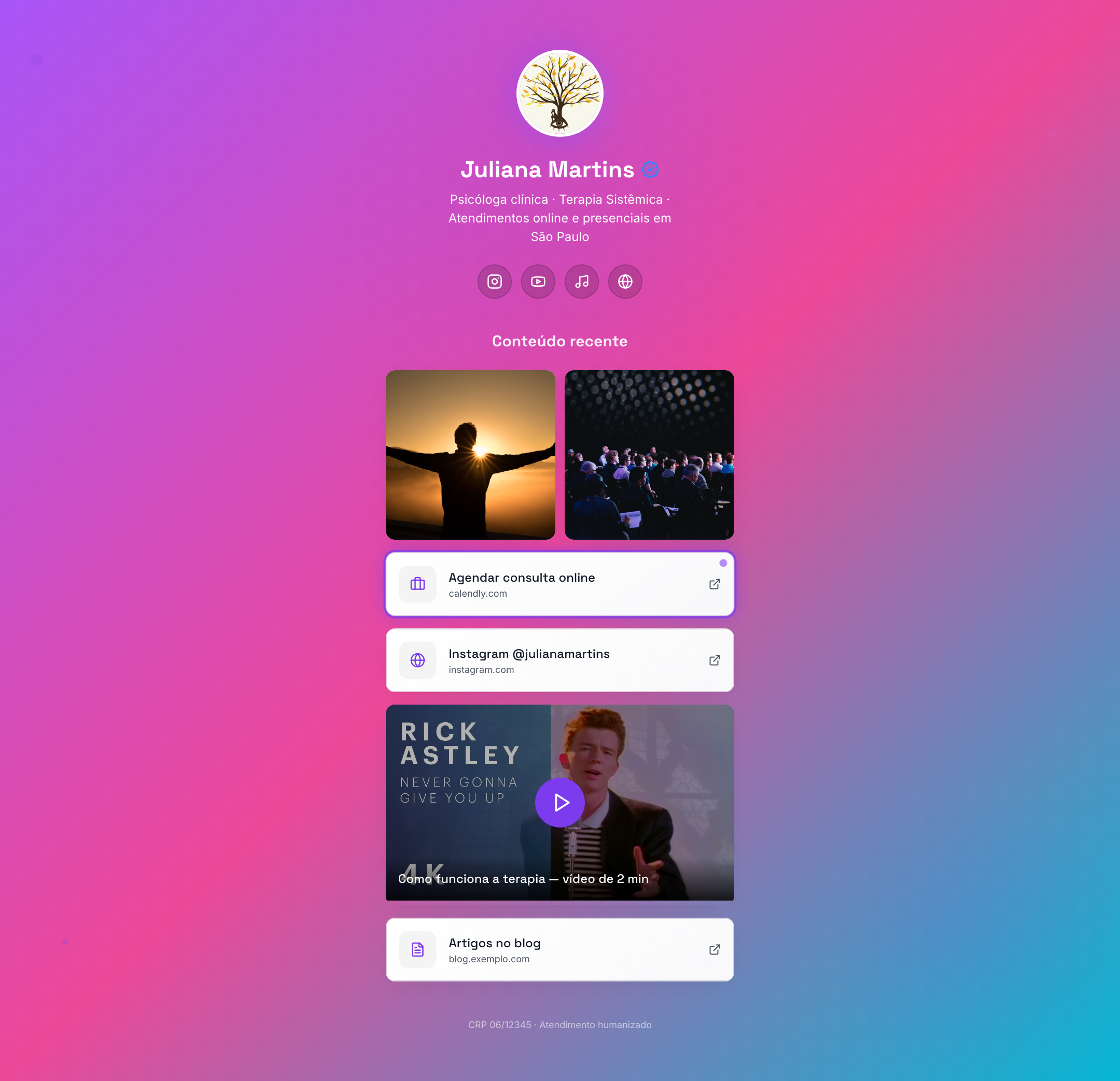 Fluxo básico do Bio Link: criar conta, adicionar links, personalizar, compartilhar