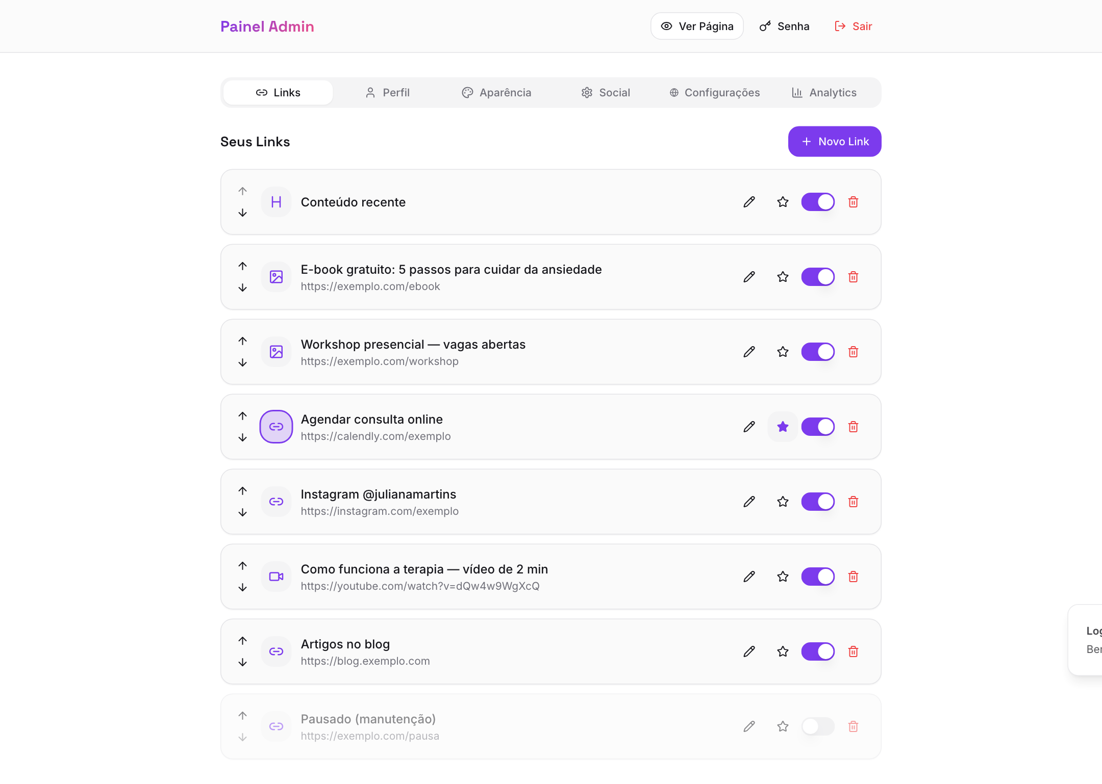 Visão geral do painel admin com a aba Links aberta