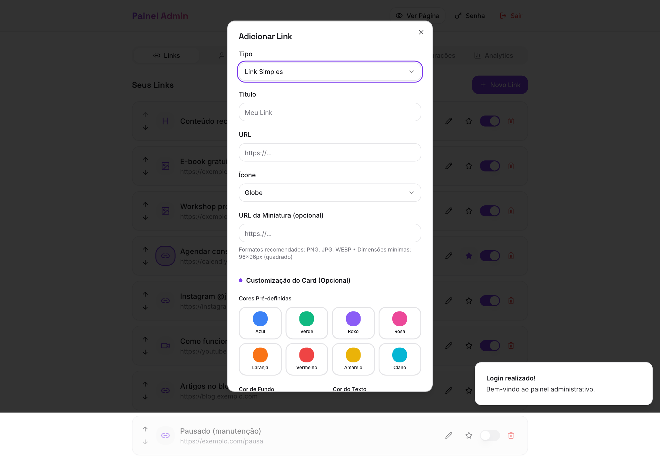 Modal de novo link com tipo Link Simples selecionado