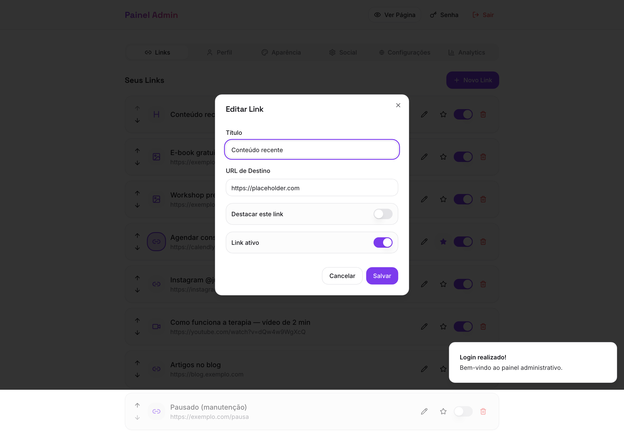 Modal de edição de link com todas as opções visíveis