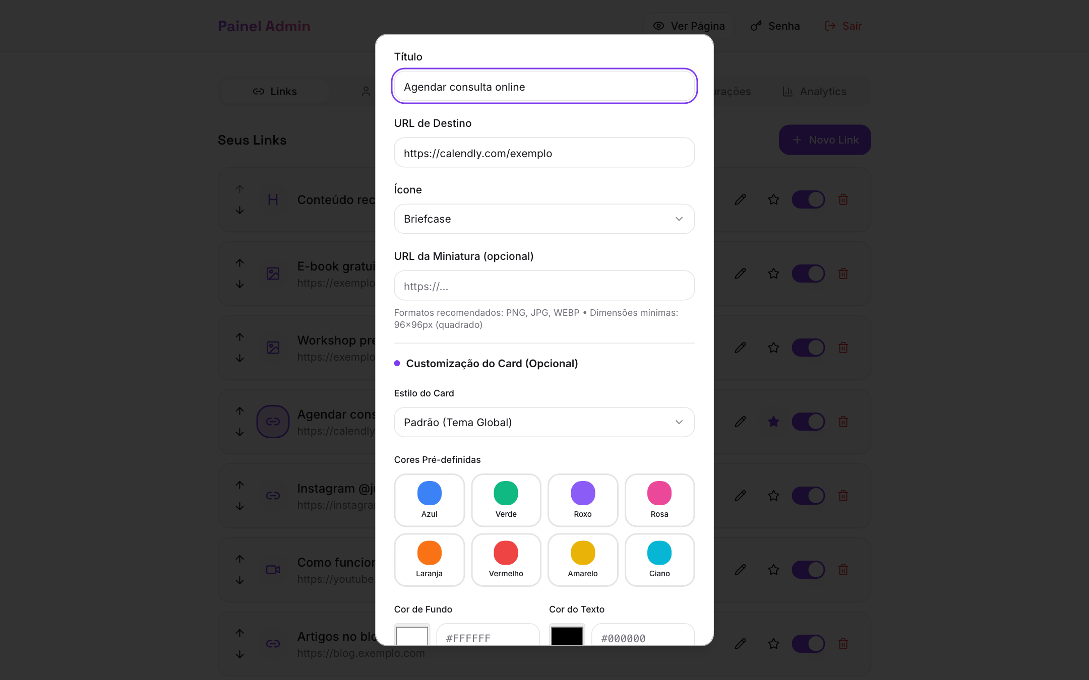 Modal de edição com grid de cores pré-definidas (Azul, Verde, Roxo, Rosa, etc)