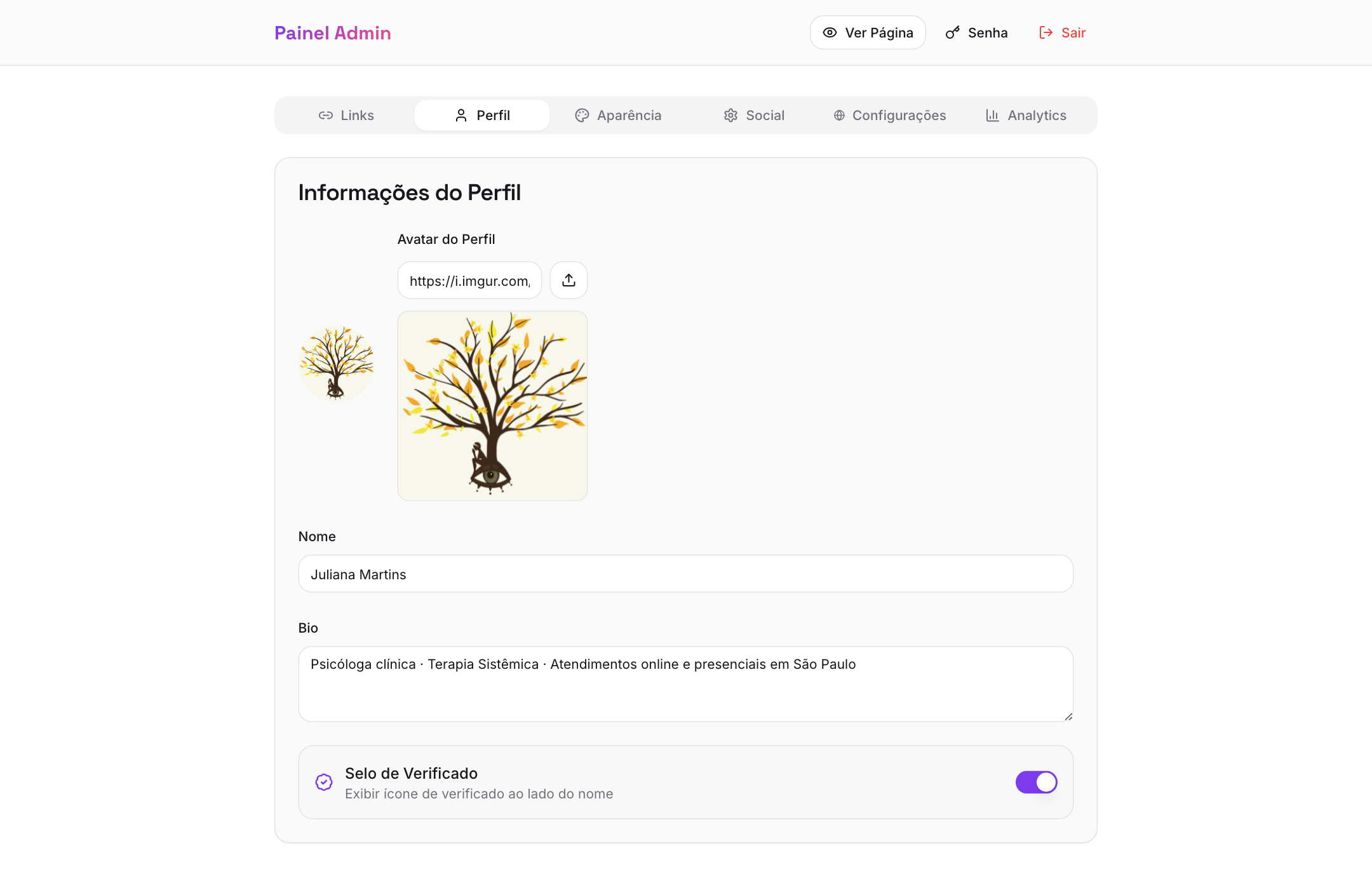 Aba Perfil com campos de nome, bio, avatar e selo de verificado