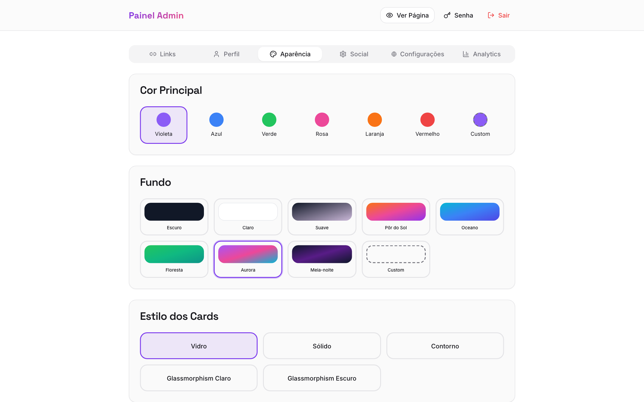 Aba Aparência com seção de fundo customizado expandida e os 3 color pickers visíveis